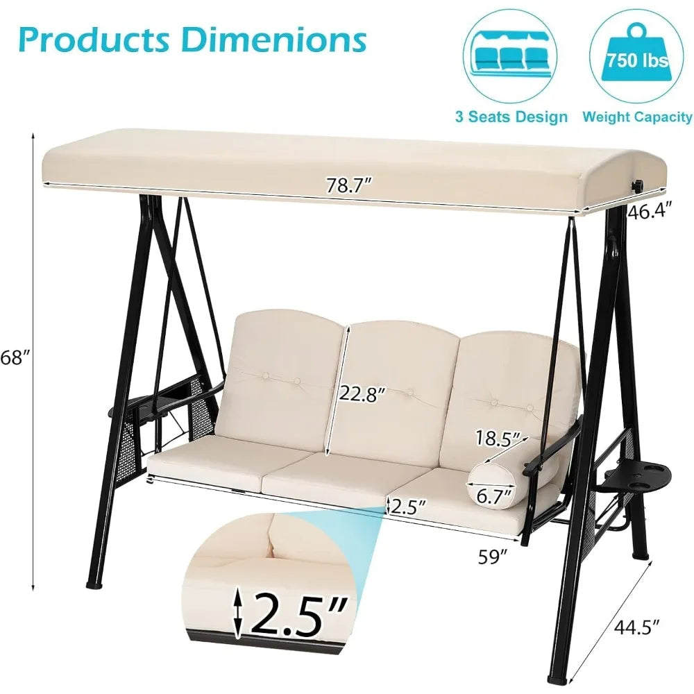 Outdoor Porch Swing 3-Seat with Adjustable Canopy, Beige Cushions for Backyard Garden Poolside