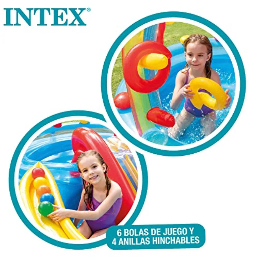 Intex 9.75 Foot x 6.3 Foot x 53 Inch Multicolor Rainbow Slide Inflatable Pool with Water Slide and Ring Toss