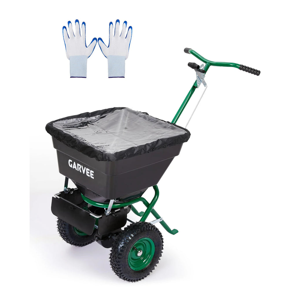 HiMiss Push Lawn Spreader 100lb Broadcast Spreader With Rain Cover Gloves 12ft Spread Width Adjustable Seed Fertilizer Salt Spreader