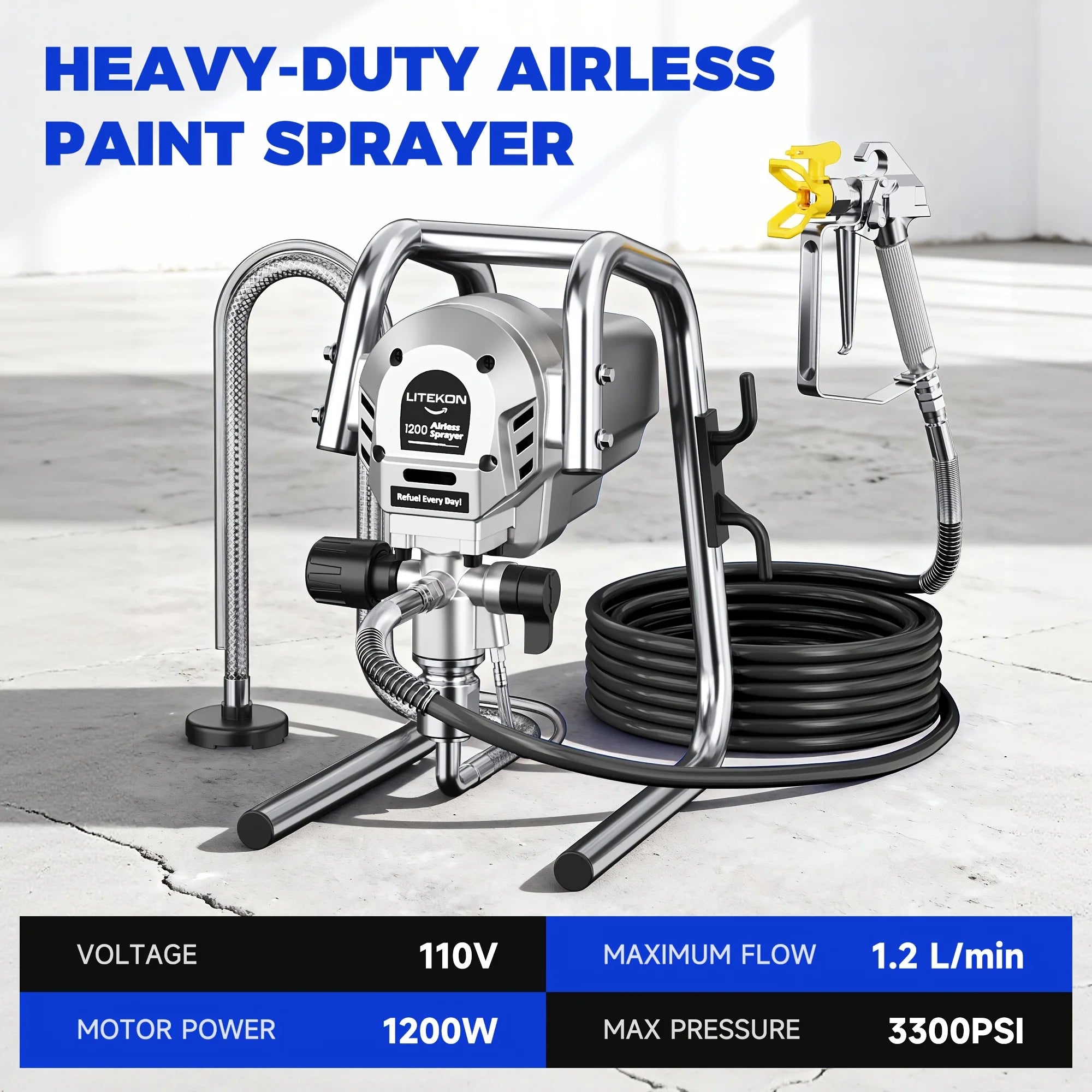 Litekon 1200W Heavy-Duty Airless Paint Sprayer, 3300PSI High Pressure & 40.58oz/Min High Flow For Fast Painting, Up To 30% More Coverage With Less Overspray, For Interior/Exterior Walls, Fences, Furniture