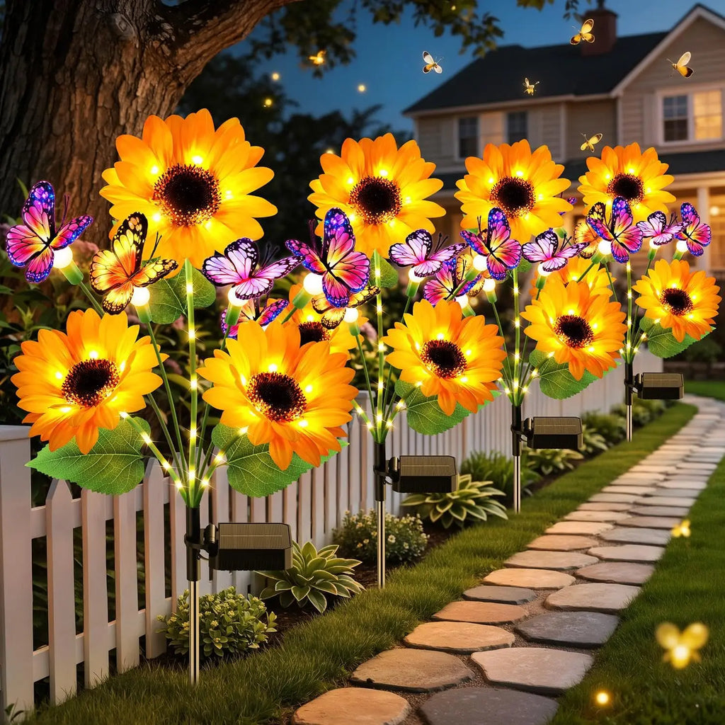 Solar Garden Lights Outdoor Decor, Upgraded 2 Pack Solar Sunflower Lights with 8 Butterflies, Solar Flowers Outdoor Waterproof for Yard Lawn Garden Decor