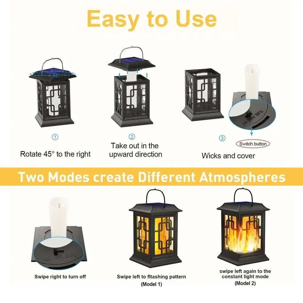 Hanging Solar Light, Flickering Flame Lantern, LED, Waterproof, Hanging, 2 Pack