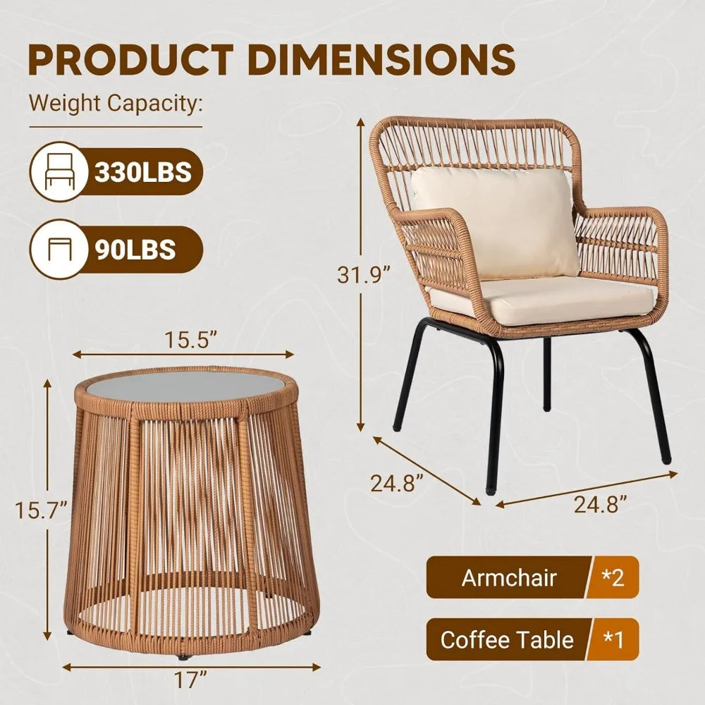 3 Piece Outdoor Wicker Bistro Set, Patio Conversation Set, 2 Large Rattan Chairs W/Tempered Glass Table, Patio Furniture