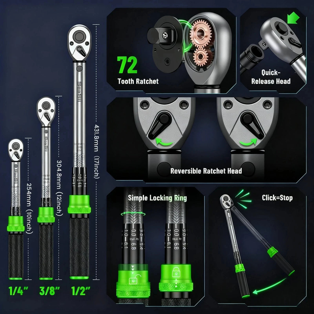 TaskStar 1/4" & 3/8" & 1/2" Drive Click Torque Wrench Kit 8pcs ±3% Accuracy 72 Tooth Dual Scale Ratchet Wrench for Bike/Moto Repair