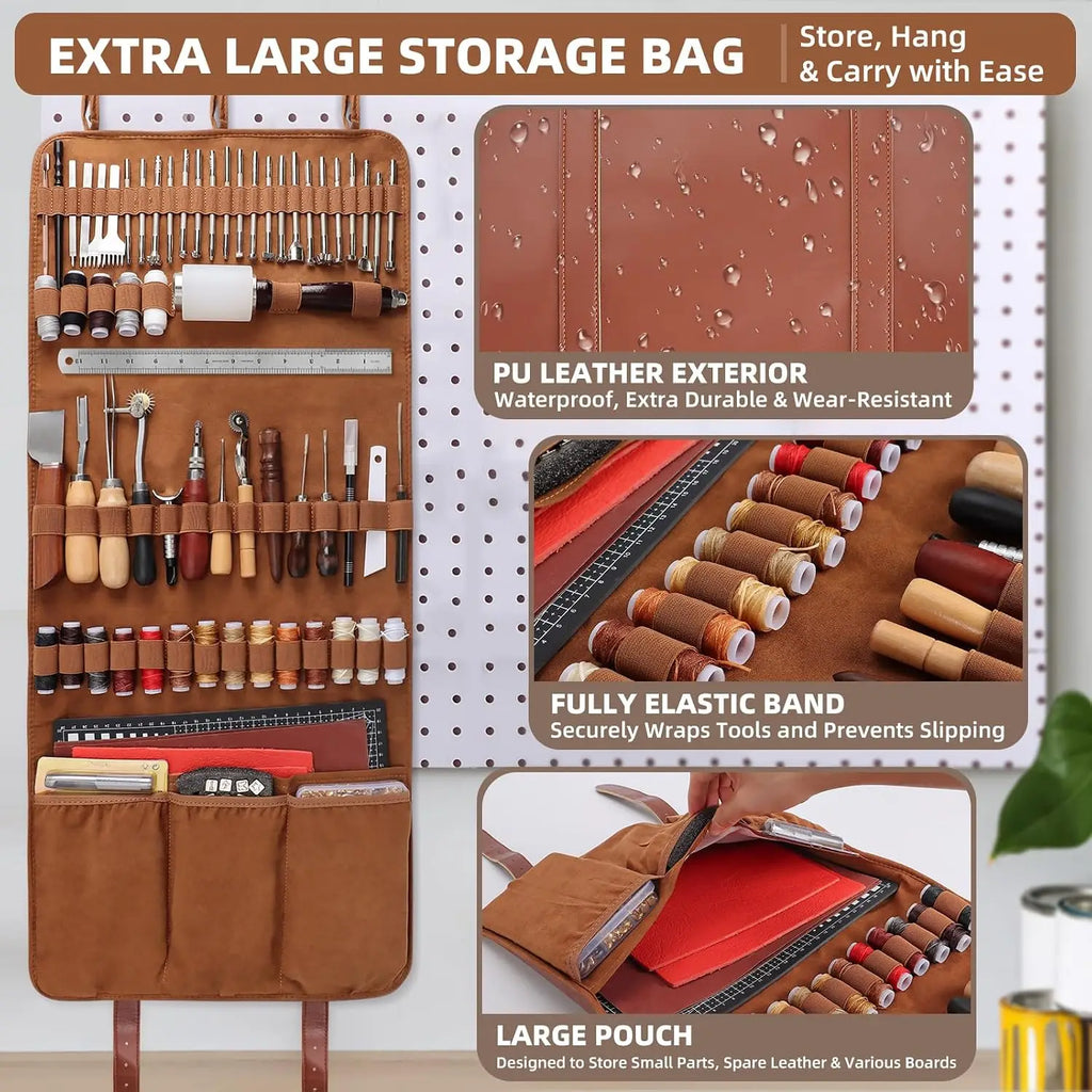 Tanzfrosch Leather Working Tooling Kit All-in-One Set Leatherworking Crafting Tools with Apron Custom Handbag Cutting Mats Stamping Engraving Punching Sewing Sanding Tools for Leather Making Repair Professional