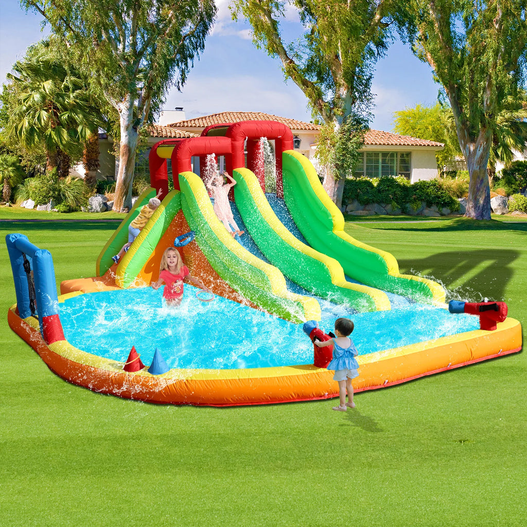 Giant Inflatable Dual Lane Water Slide with Splash Pool Wet/Dry Combo Water Cannons Backyard Family Party 580x350x250cm