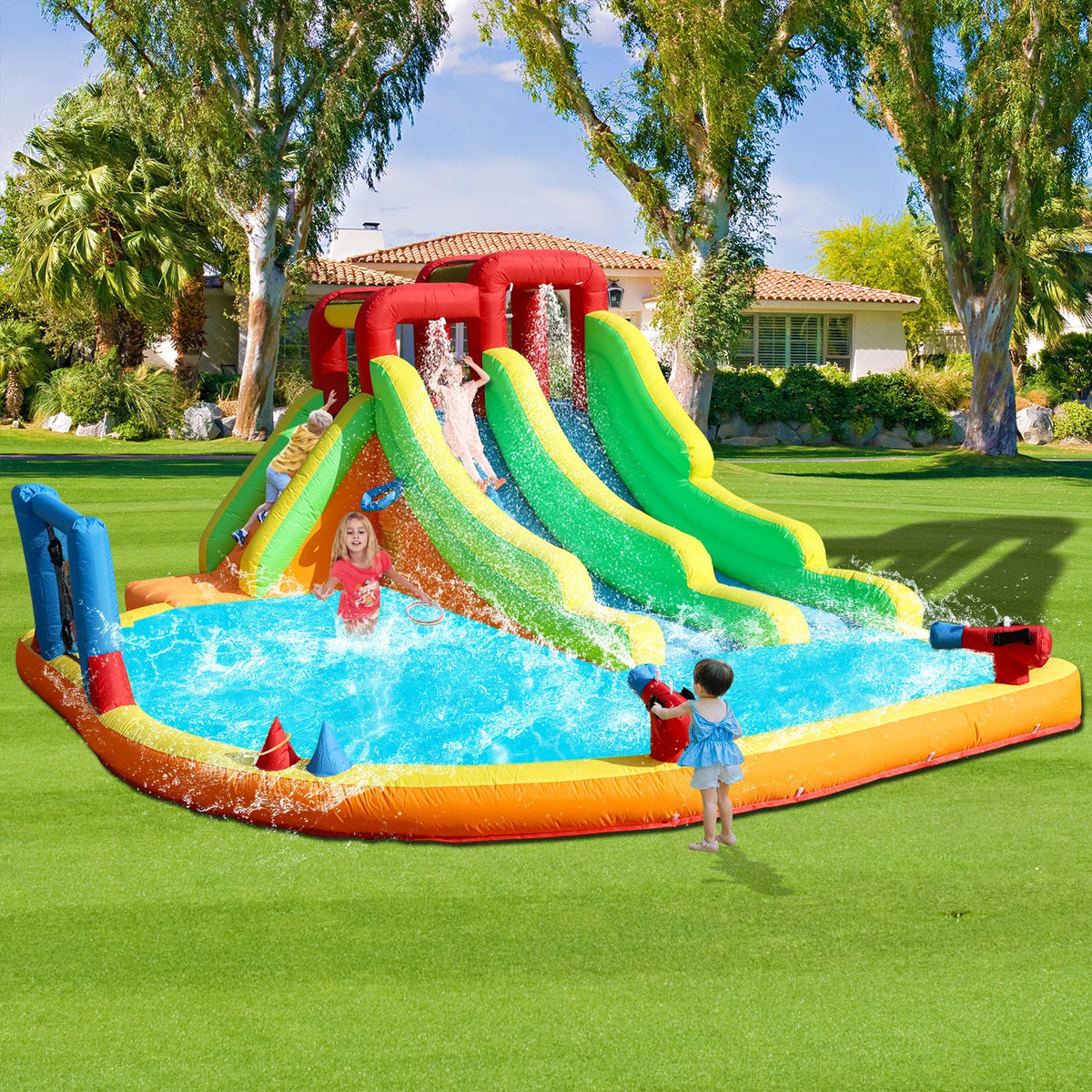 Giant Inflatable Dual Lane Water Slide with Splash Pool Wet/Dry Combo Water Cannons Backyard Family Party 580x350x250cm
