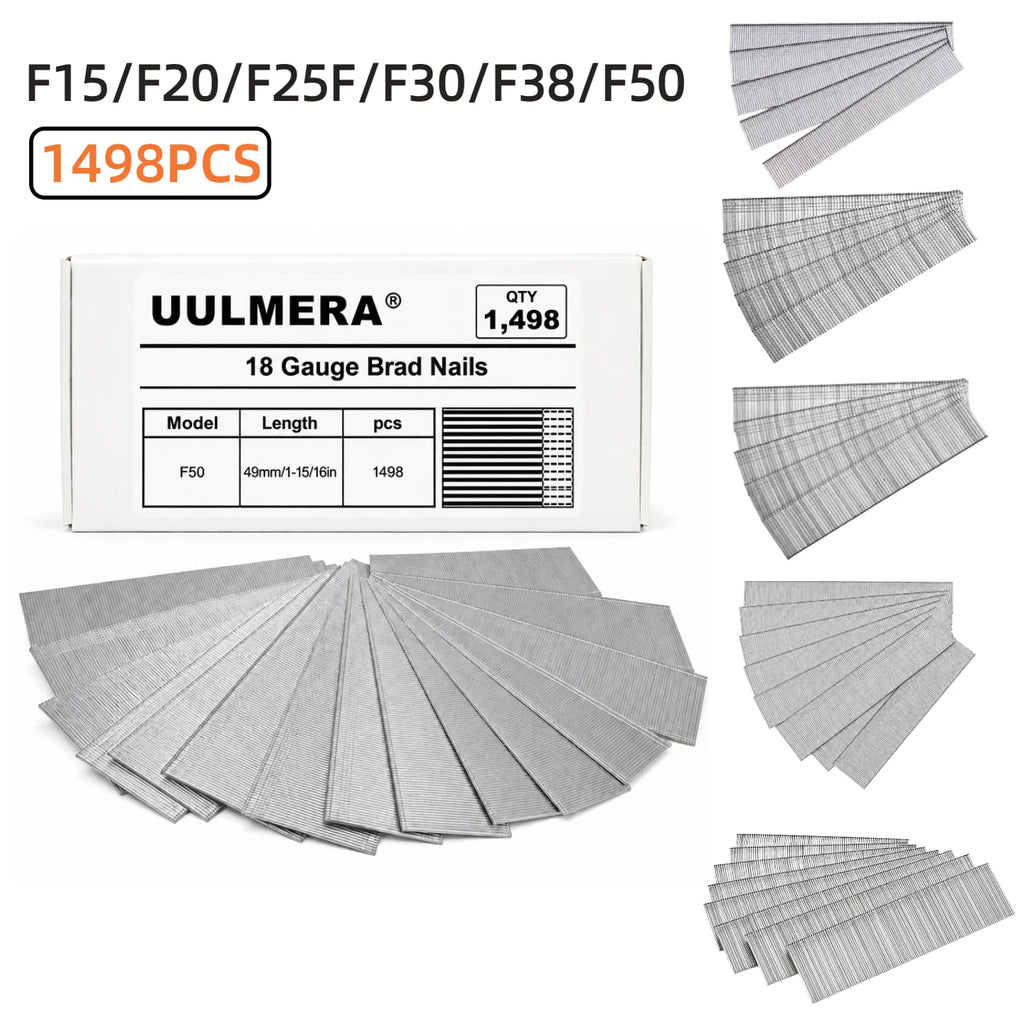 UULMERA 1498PCS 18 Gauge Brad Nails, F15/F20/F25/F30/F38/F50 Galvanized Nail Gun Nails for Pneumatic, Electric Brad Nailer Gun