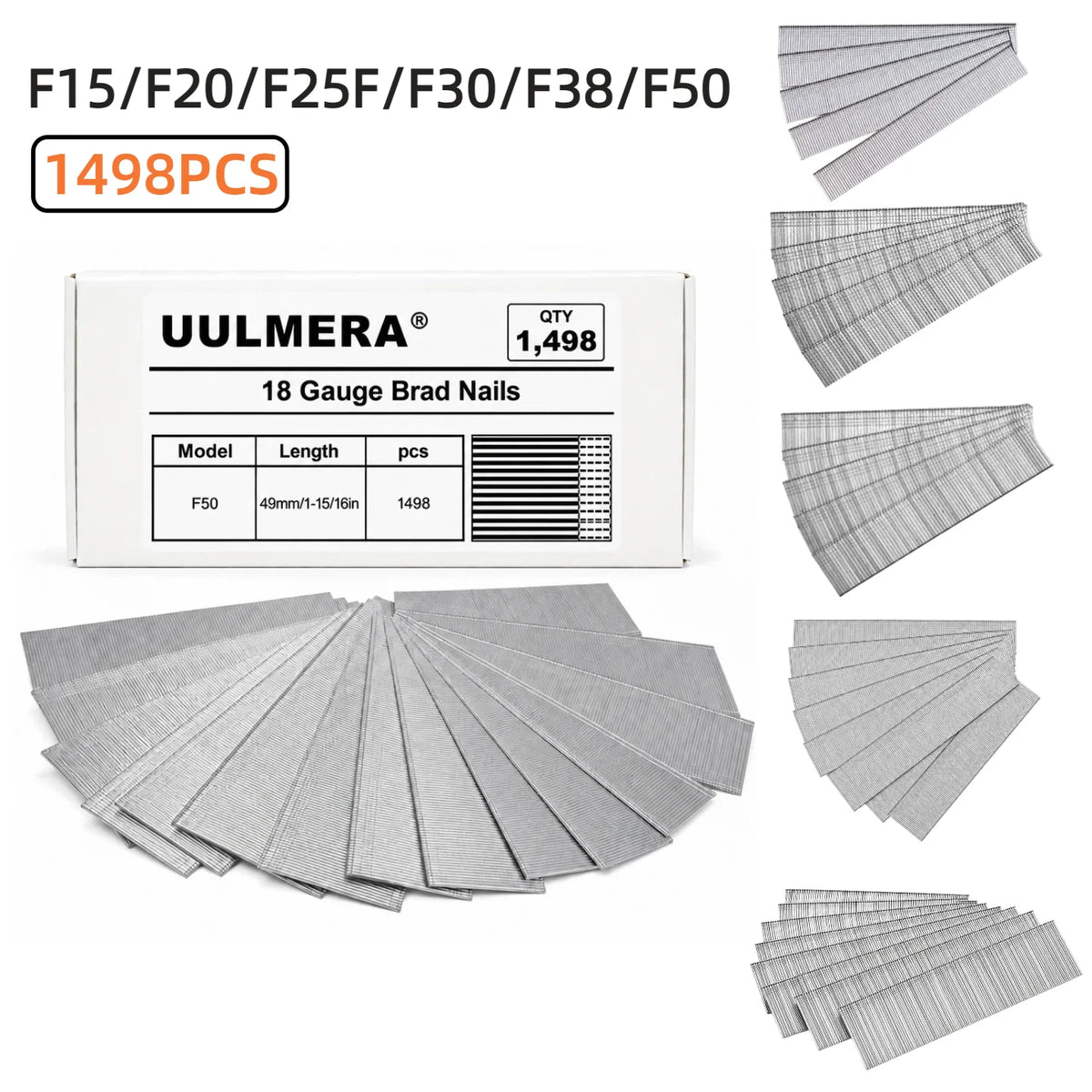 UULMERA 1498PCS 18 Gauge Brad Nails, F15/F20/F25/F30/F38/F50 Galvanized Nail Gun Nails for Pneumatic, Electric Brad Nailer Gun