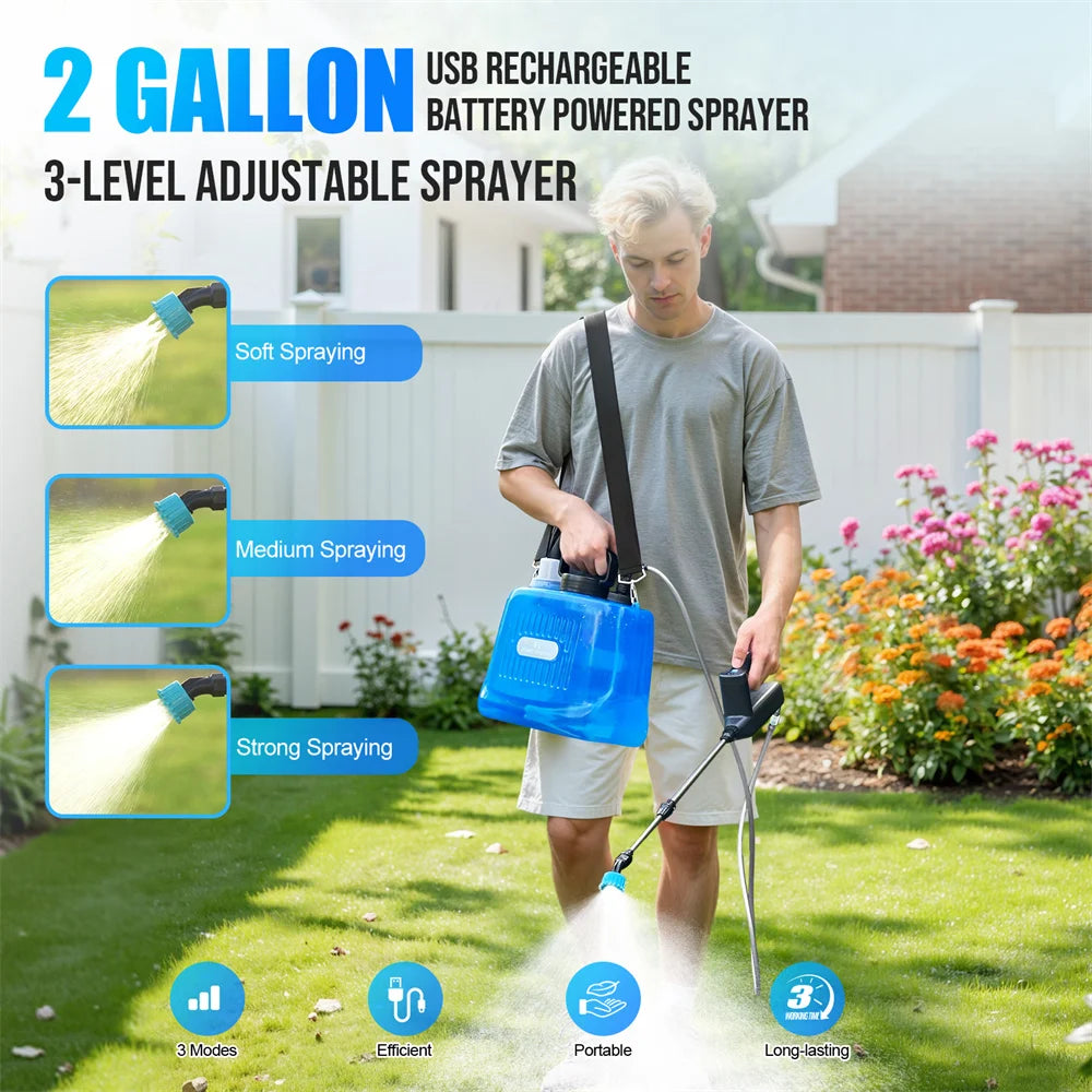 Battery Powered Sprayer 2 Gallon,Electric Weed Sprayer with 3 Adjustable Pressure Levels,4 Nozzles, For Lawn,Garden