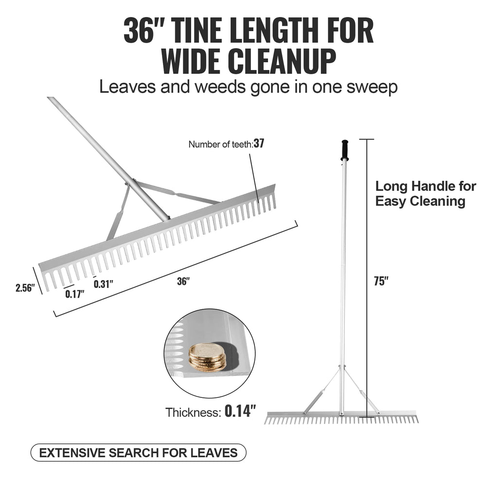 SucceBuy Landscape Rake 36" Head Aluminum Landscape Rake Lake Weed Rake with 75" Long Handle for Lawn Care Weeding Lake Garden