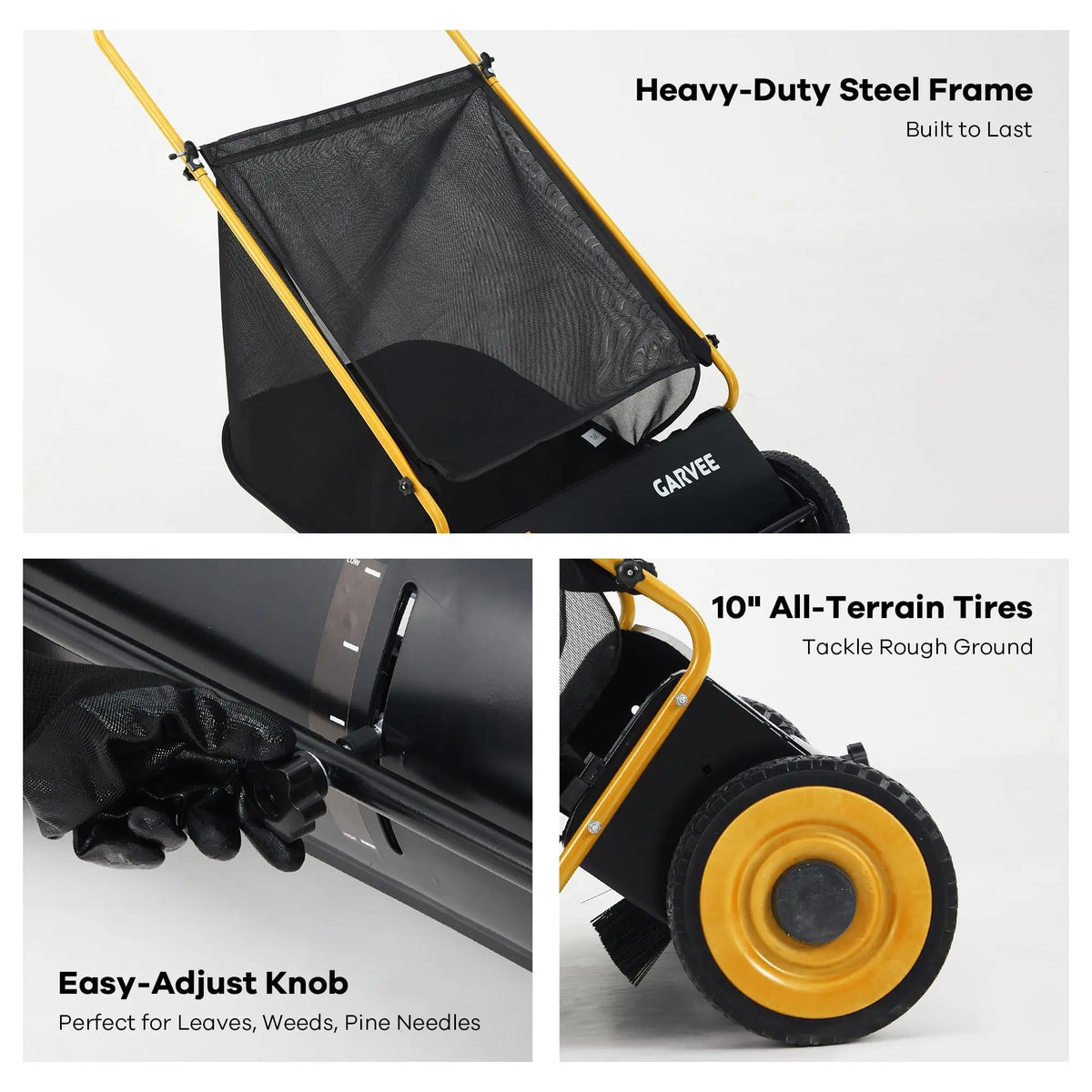 HiMiss Push Lawn Sweeper 26in Leaf & Grass Collector, 7 Cu.Ft Hopper Bag With Cover, Adjustable Brush Height, Steel Yard Sweeper