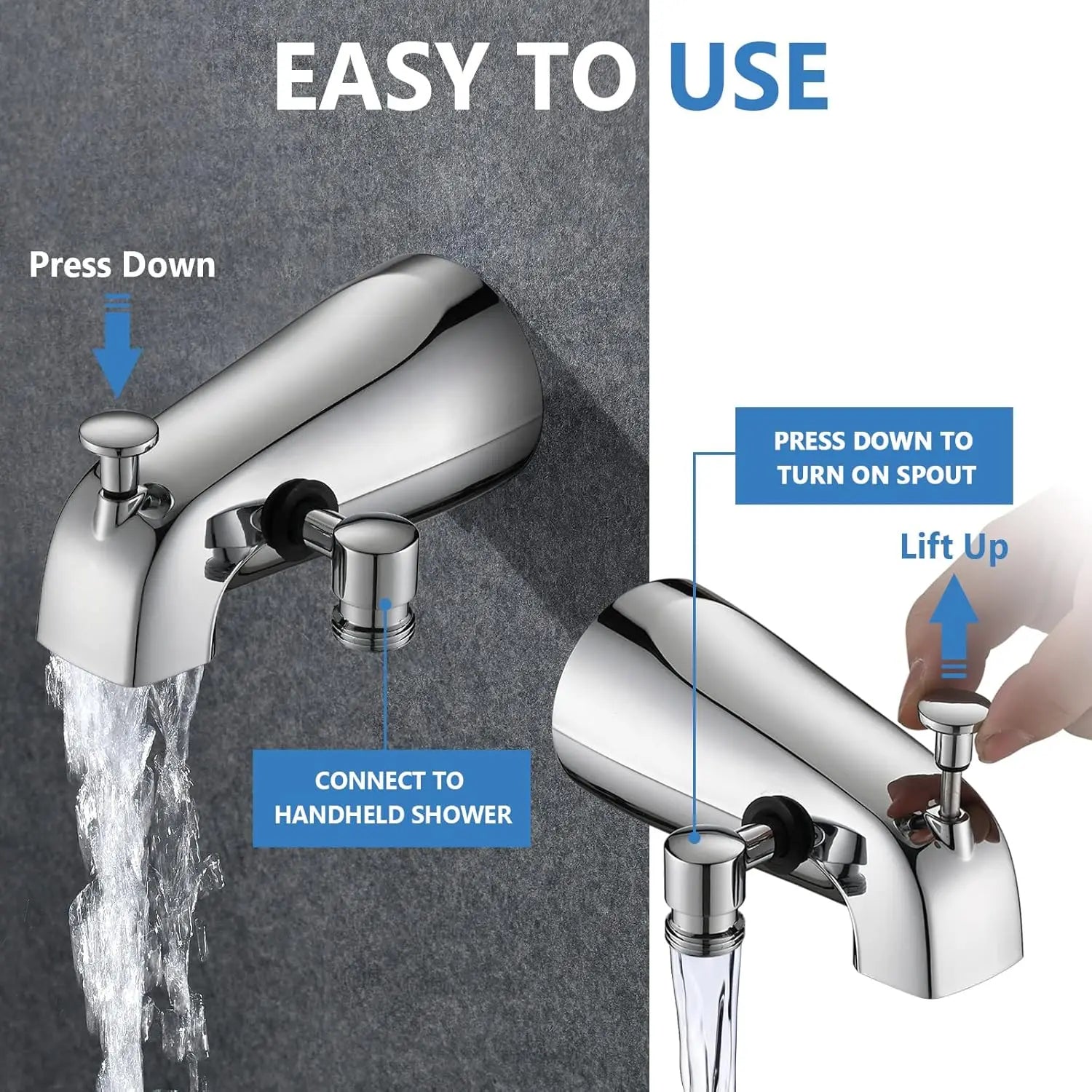 Chrome Tub Spout with Diverter, 6-Setting Handheld Shower with Pause