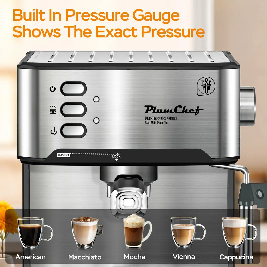 Plum Chef Espresso Machine 20 Bar Professional Compact Homehold Coffee Espresso Maker with Milk Frother Steam Wand 54oz Water Tank Low Noise and Fast Coffee Machine