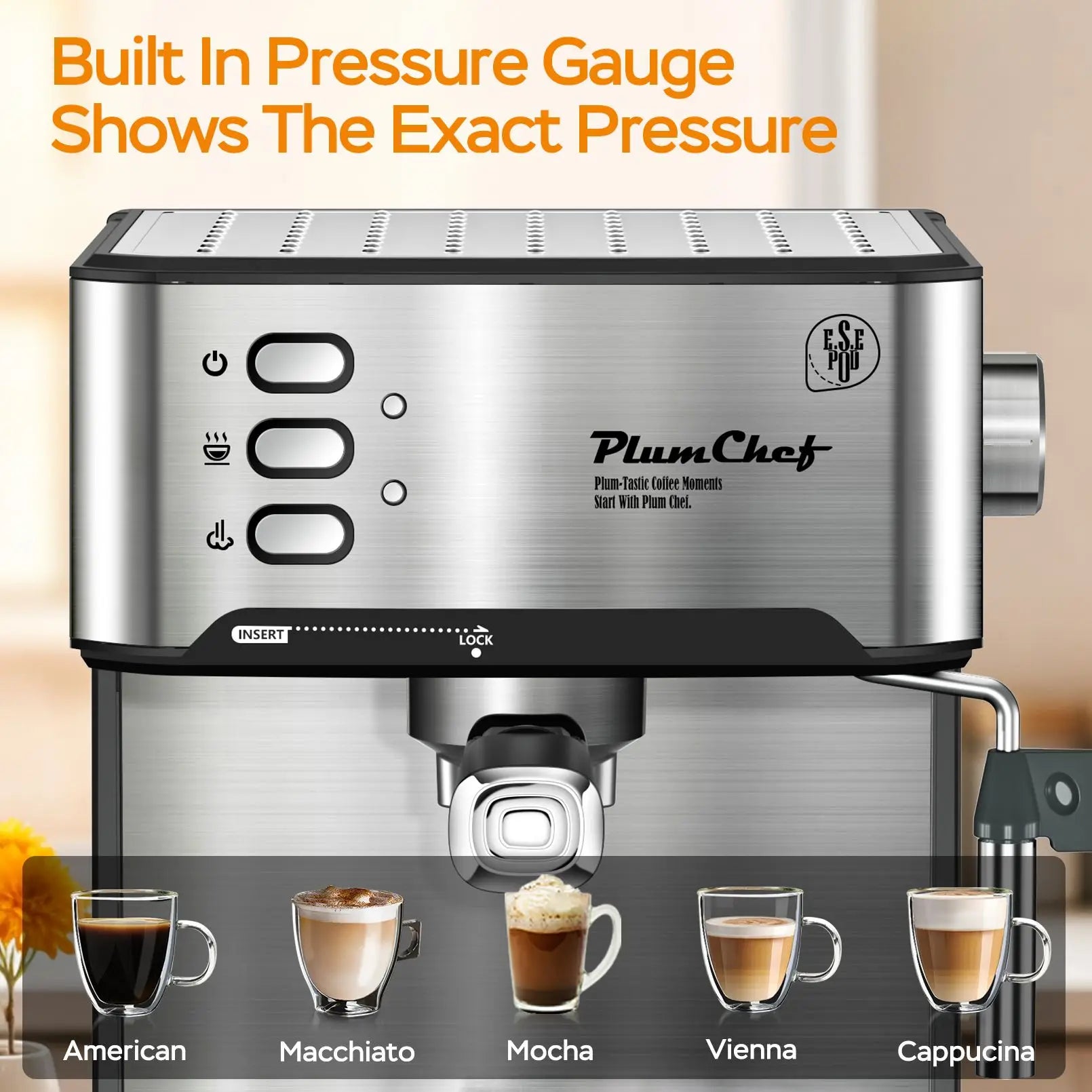 Plum Chef Espresso Machine 20 Bar Professional Compact Homehold Coffee Espresso Maker with Milk Frother Steam Wand 54oz Water Tank Low Noise and Fast Coffee Machine