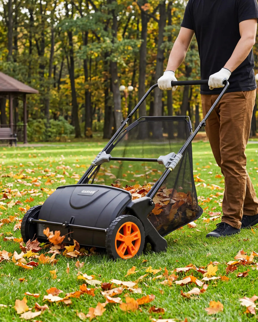 Garvee Manual Lawn Sweeper 21-Inch Push Leaf Sweeper With 4 Brushes, 3.5 Cu. Ft. Hopper, Height Adjustable For Yard, Patio, Driveway