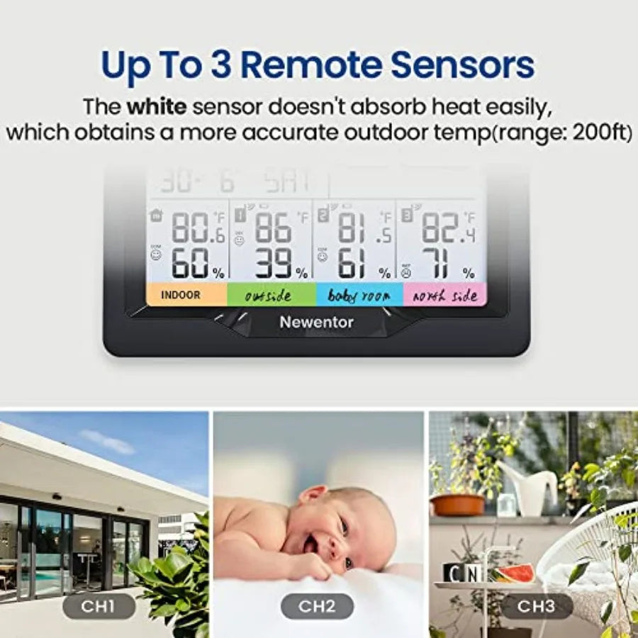 Weather Station Wireless Indoor Outdoor Multiple Sensors, Digital Atomic Clock Weather Thermometer, Temperature and Humidity Mo