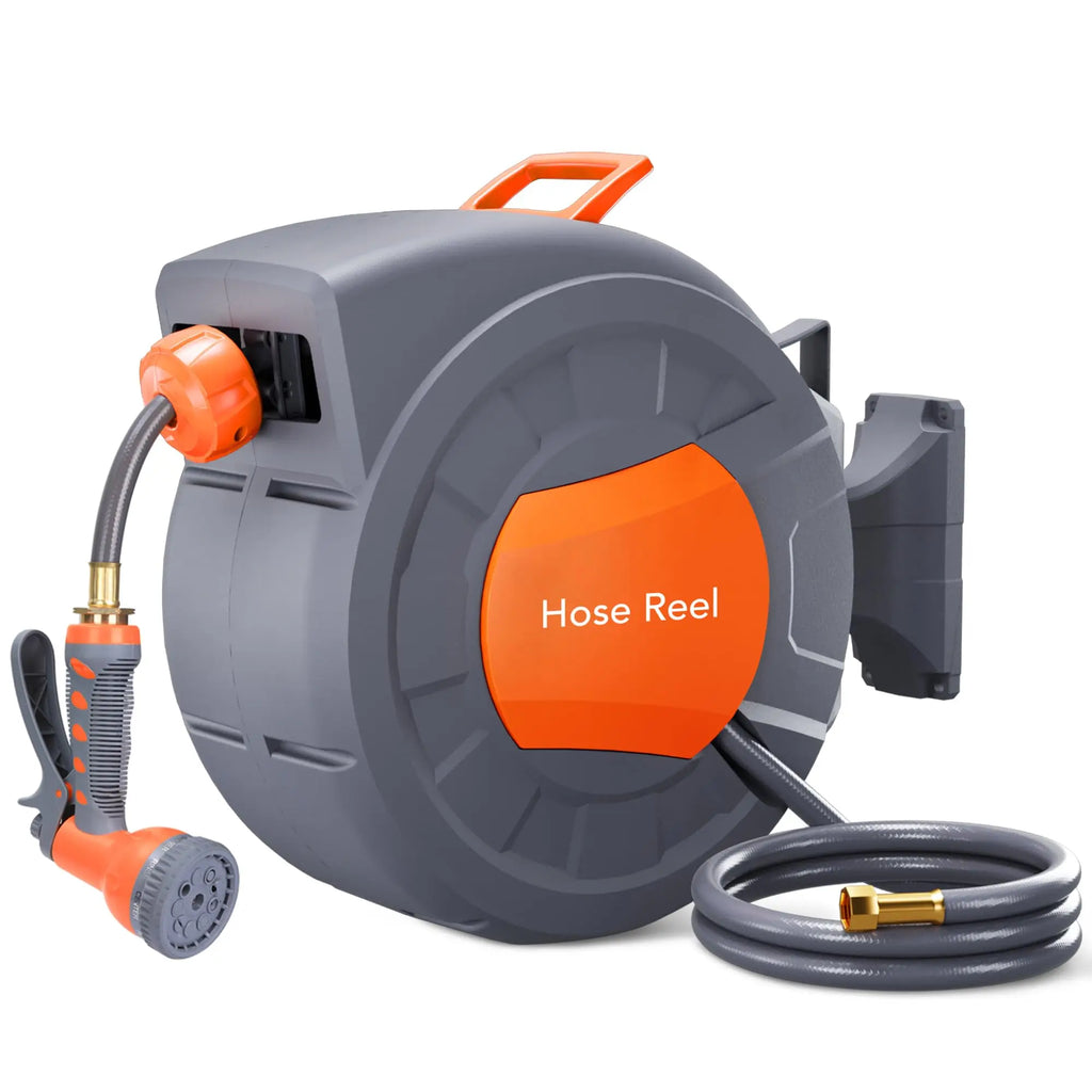 HiMiss Wall Mounted Retractable Garden Hose Reel, 1/2 in X 72/100 ft, Auto Slow Rewind, 180° Swivel, 9-Function Nozzle, Any Length Lock