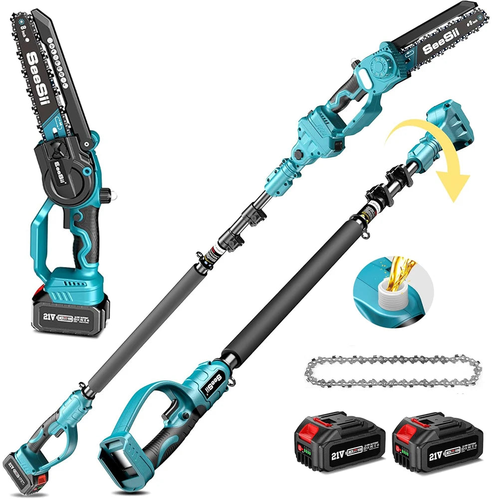 Polesaw High Branch Saw, Cordless 8'' Chainsaw, 3M Extension Pole. 2 x 21 Volt Batteries & Charger