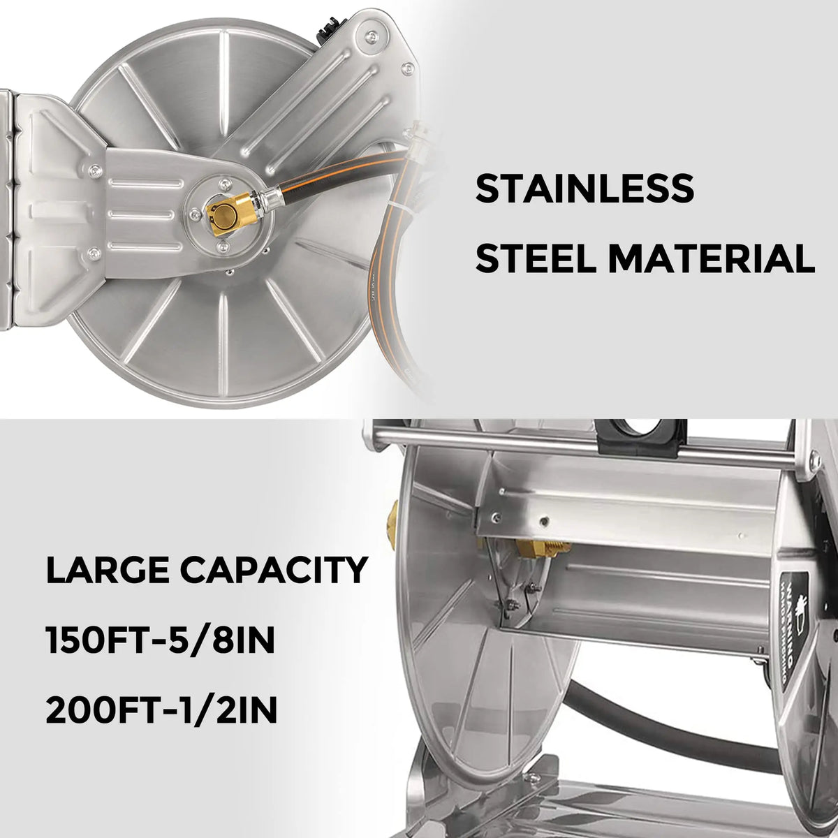 Giraffe Tools Stainless Steel Garden Hose Reel Heavy Duty, Wall/Floor Mounted Stainless Water Hose Reel Retractable with Crank, 150-Feet 5/8" Hose Capacity. With 100FT hose or No Hose.