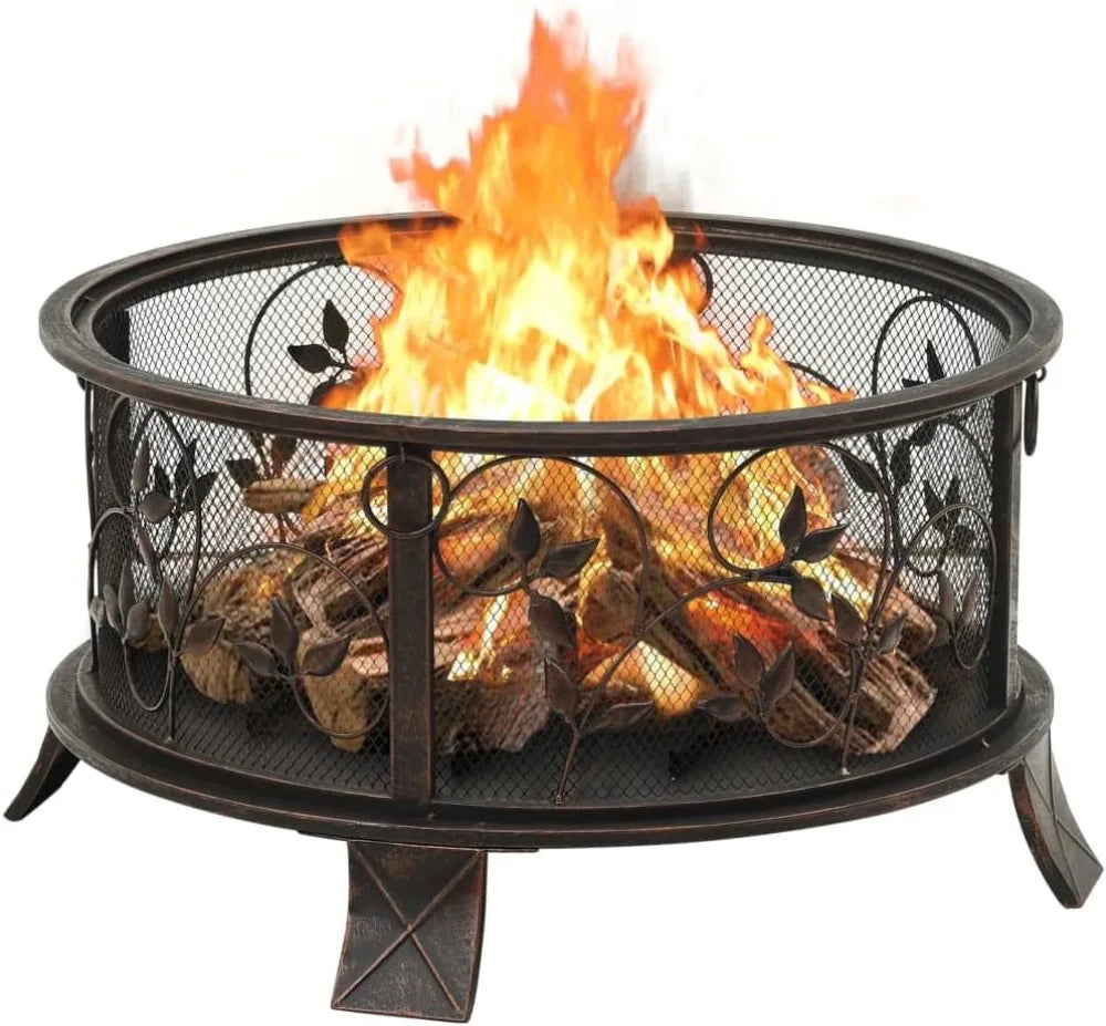 26.6 Inch Steel Firepit, Firepit with Mesh Cover & Poker, Large Rustic Fire Bowl.