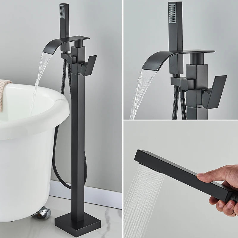 Floor Standing Bathtub Tap With Hand Shower, Hot And Cold Mixer