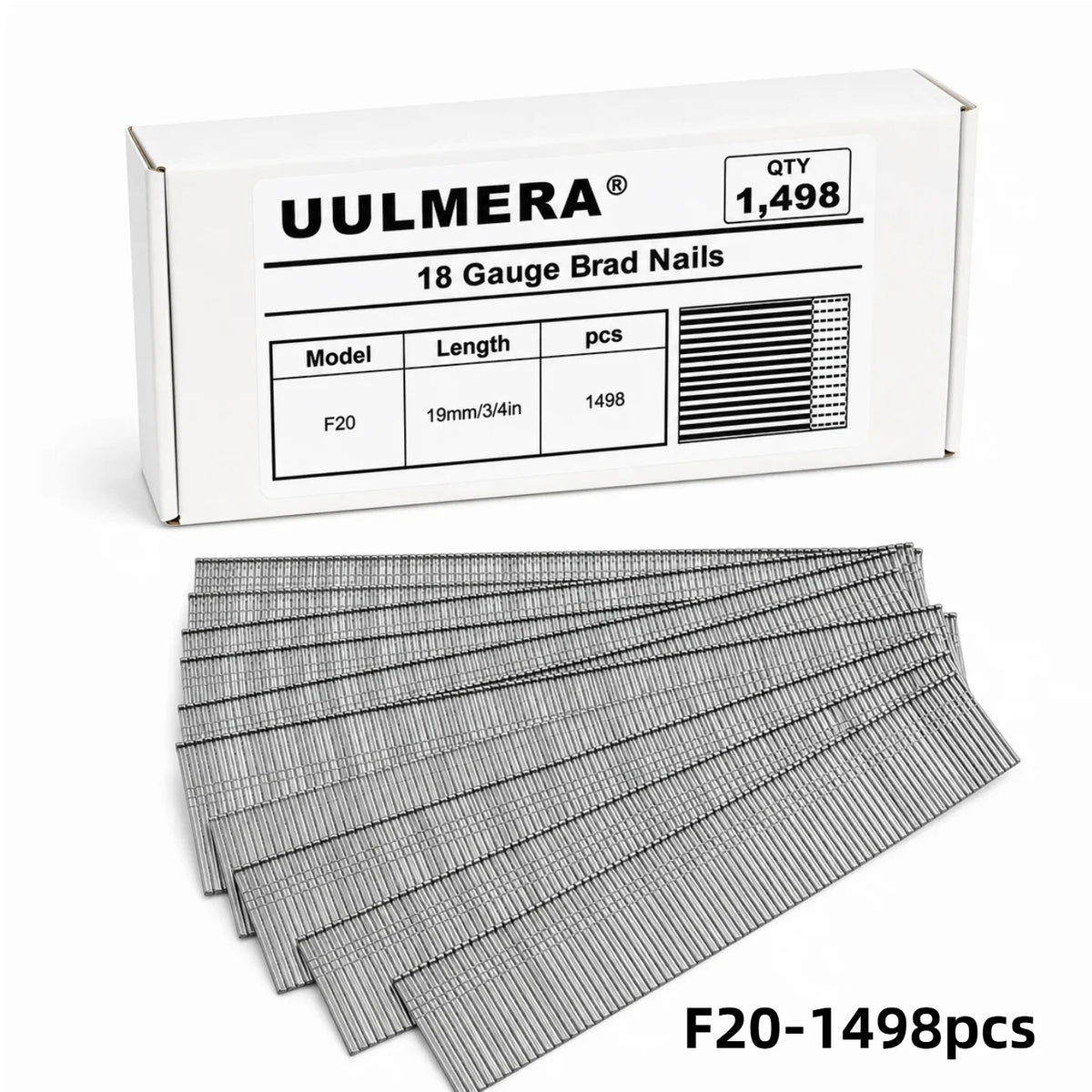 UULMERA 1498PCS 18 Gauge Brad Nails, F15/F20/F25/F30/F38/F50 Galvanized Nail Gun Nails for Pneumatic, Electric Brad Nailer Gun