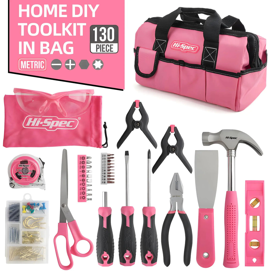 Hi-Spec Household Home Repair Tool Kit 130 Piece General Tools Set With Tool Bag Complete Metric Home Maintenance Kit Pink