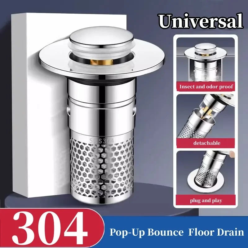 Pop-up sink/Tub stopper, Hair Catcher, Detachable Filter, Stainless Steel