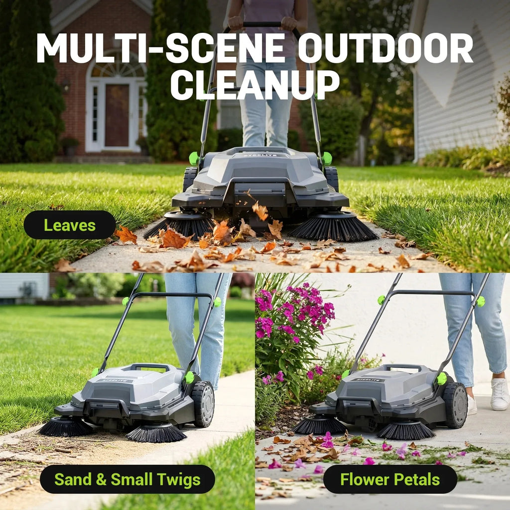 Deli AZDG934 Walk Behind Hand Push Floor Sweeper 26.8 Inch Manual Sweeper with 6.35 Gallon Waste Catcher, Folding Handle for Patio Walkway Yard
