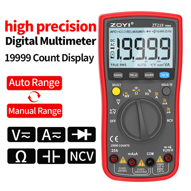 Digital multimeter. 19999 Counts Display, True RMS AC Measurement, Contact Type NCV Voltage Detection