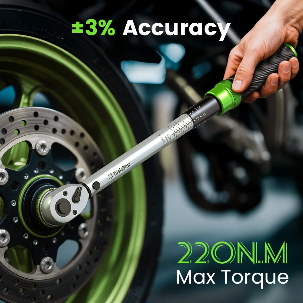 TaskStar 1/4" & 3/8" & 1/2" Drive Click Torque Wrench Kit 8pcs ±3% Accuracy 72 Tooth Dual Scale Ratchet Wrench for Bike/Moto Repair