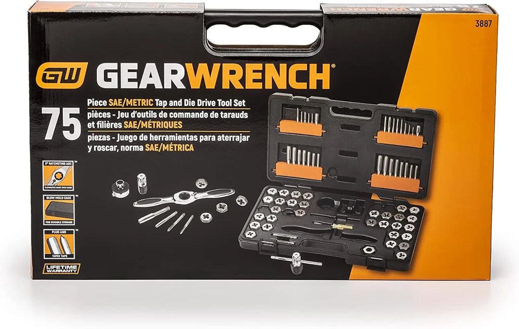 75-Piece SAE/Metric Ratcheting Tap and Die Set - 5° Swing Arc, Reversing Lever, Twist Lock Guide