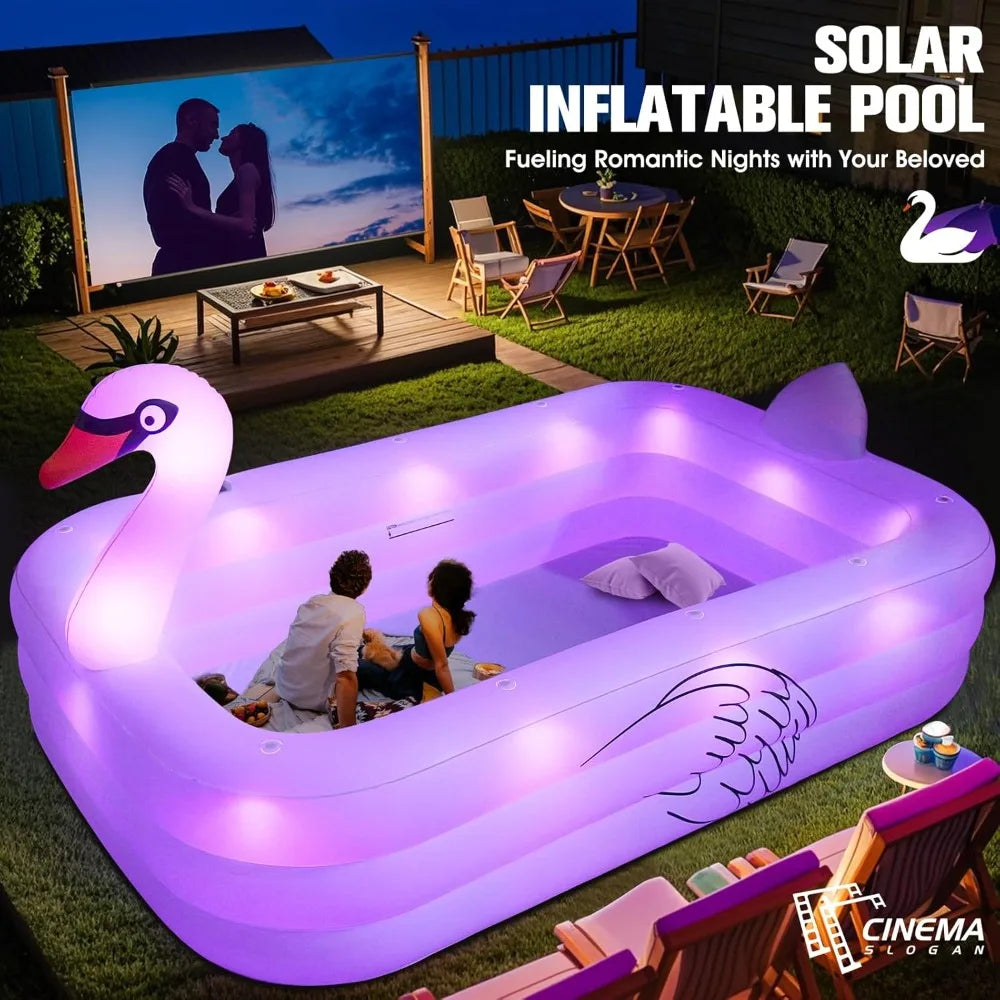 Solar Swan Inflatable Pool with Lights, Oversized Thickened Family Pool 100"x63"x20"