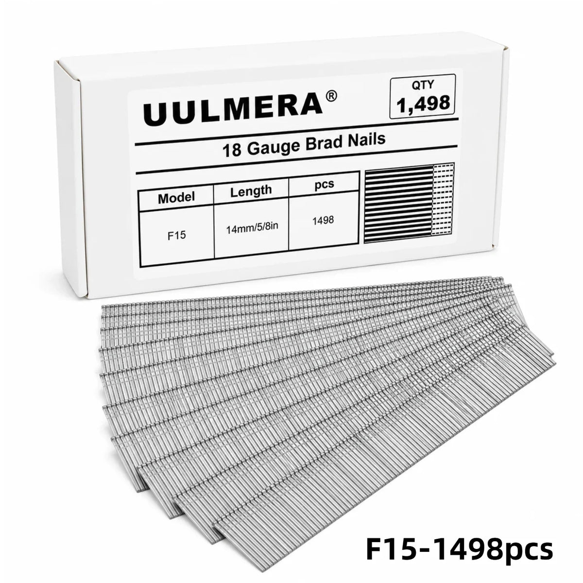UULMERA 1498PCS 18 Gauge Brad Nails, F15/F20/F25/F30/F38/F50 Galvanized Nail Gun Nails for Pneumatic, Electric Brad Nailer Gun