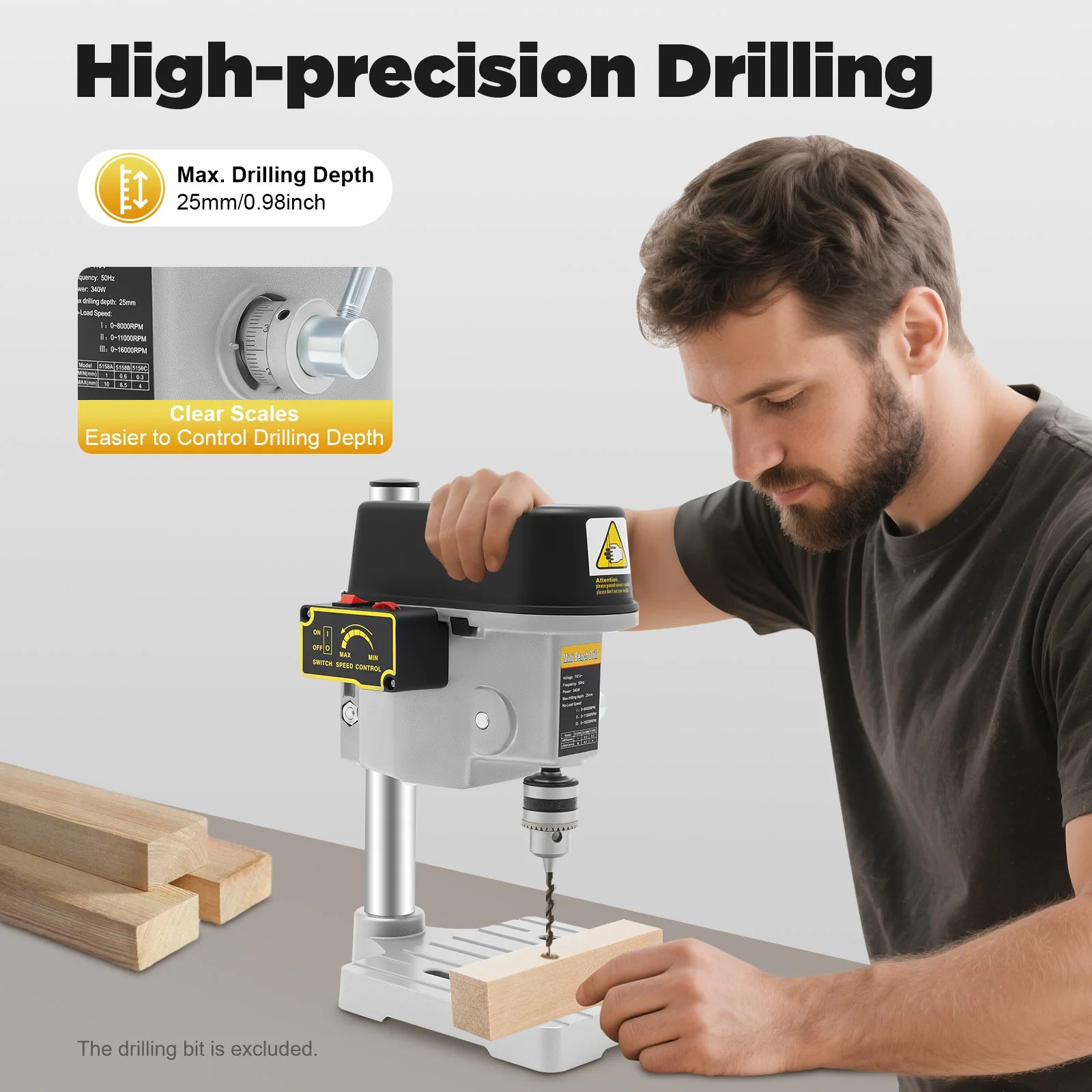 5158A 340W Mini Benchtop Drill Press 3-Speed Bench Wood Metal Hole Drilling Machine for DIY Crafts, Furniture,110V