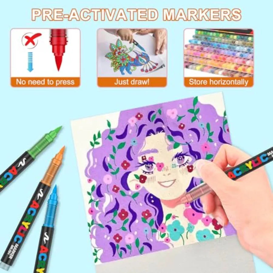Soft Brush Tip Acrylic Markers Set, Paint Pens for Rock, Wood, Fabric, Canvas, Glass, DIY Crafts, Waterproof Paint Markers, Vib