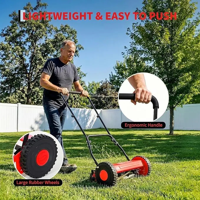 16" Push Lawn Mower, Manual Hand Push Lawn Mower Without Grass Catcher, Red Portable Walk-Behind Mower for Yards, Garden