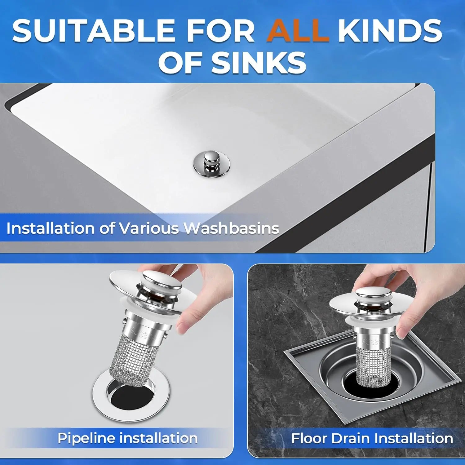 Bathroom Sink Drain Strainer - Pop-Up Filter with Removable Stainless Steel Hair Catcher & Drain Stopper for US Sink Replacement