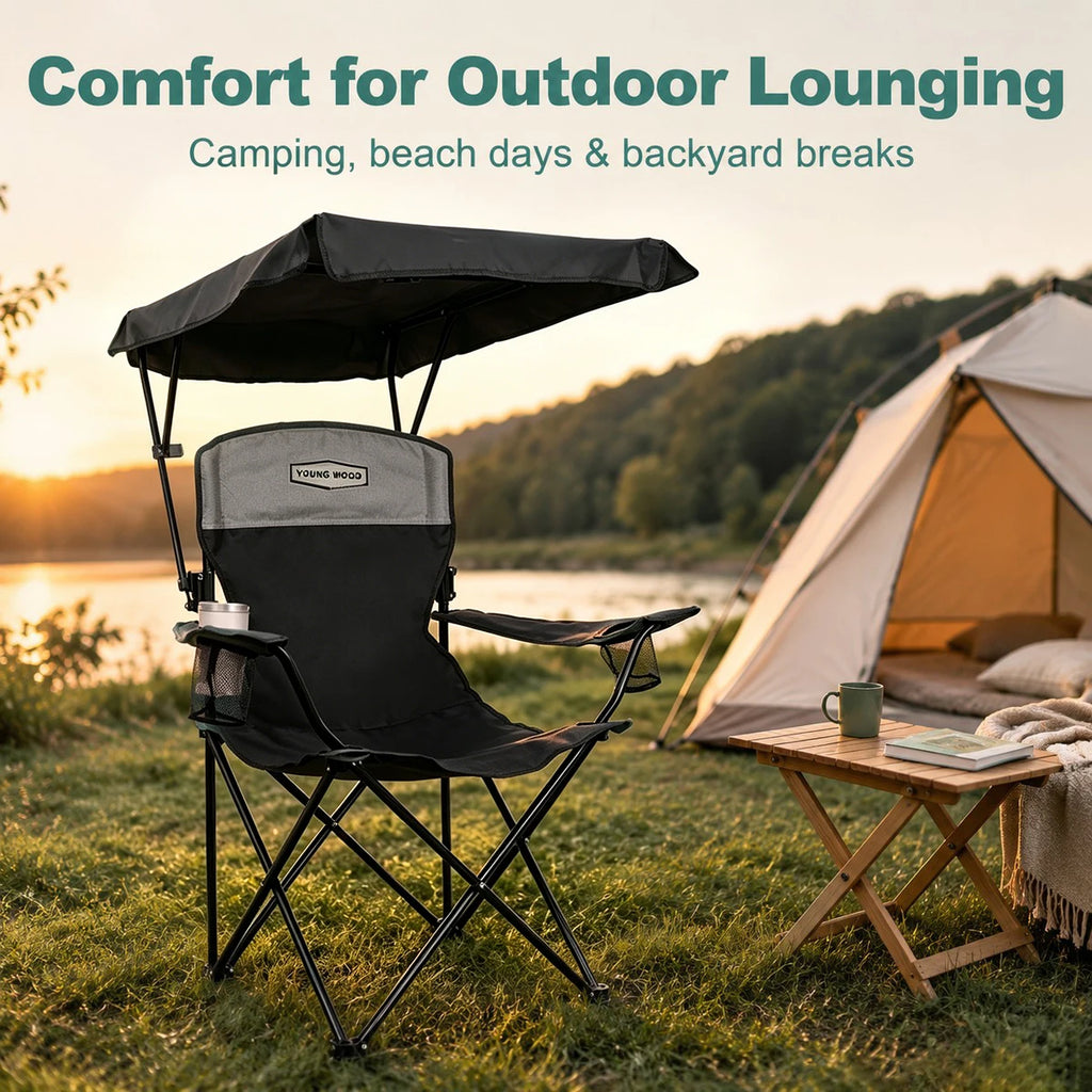 Black Portable Beach Chair with Cup Holder & Side Pocket, Duty Lawn Chair with Carry Bag for Camping, Beach, Fishing, Patio, Hiking, YOUNG WOOD Outdoor Folding Camping Chair with Adjustable Canopy