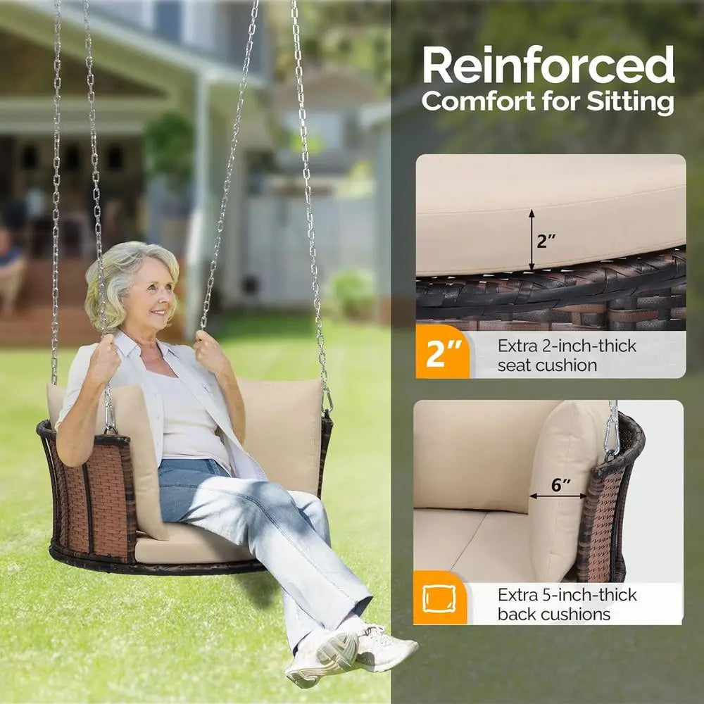 2.4 T 1-Person Use Round Rattan Porch Swing Outdoor Support 440 LBS with Cushions & Adjustable Chains, Patio Wicker Swing