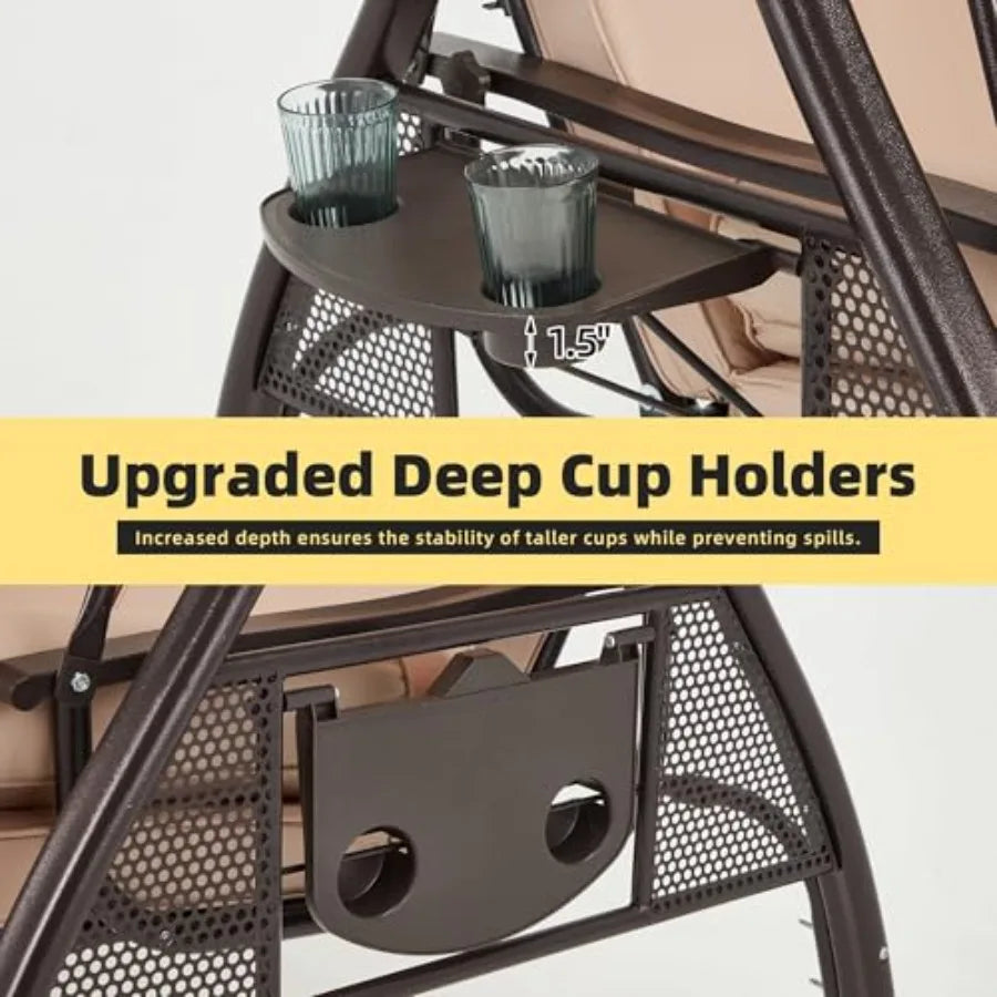 3 Person Outdoor Porch Swing with 1.5" Upgraded Cup Holder, Adjustable Canopy, Backrest, Patio Swing Bed with Weather Resistant Fabric