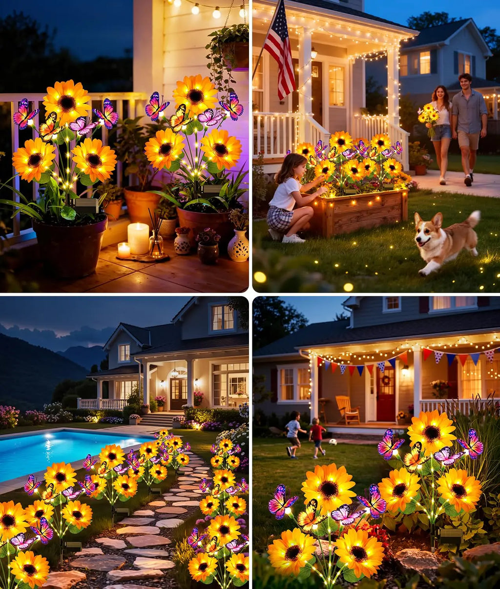 Solar Garden Lights Outdoor Decor, Upgraded 2 Pack Solar Sunflower Lights with 8 Butterflies, Solar Flowers Outdoor Waterproof for Yard Lawn Garden Decor