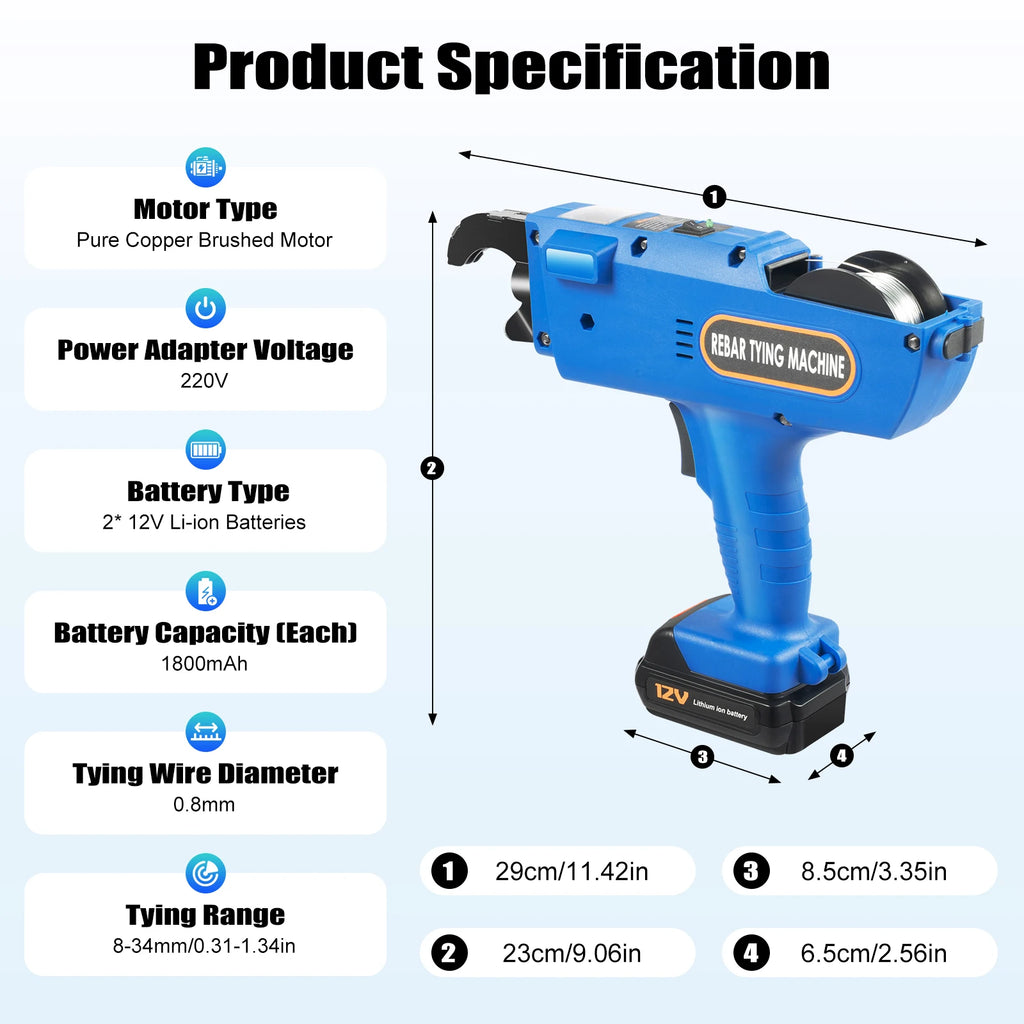 Model-880  8mm-34mm Automatic Rebar Tier Binding Machine 12V 4500mAh Electric Handheld Rebar Tying Machine Wire Pliers Tool Kit w/Batteries