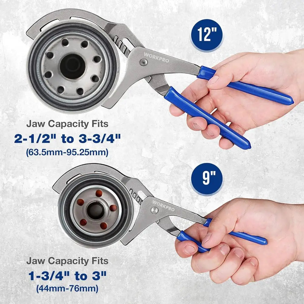 WorkPro 9 & 12 Adjustable Oil Filter Wrench Set, Perfect for Vehicle Engine Filters and Cars, Trucks, 2-Piece Tool Kit