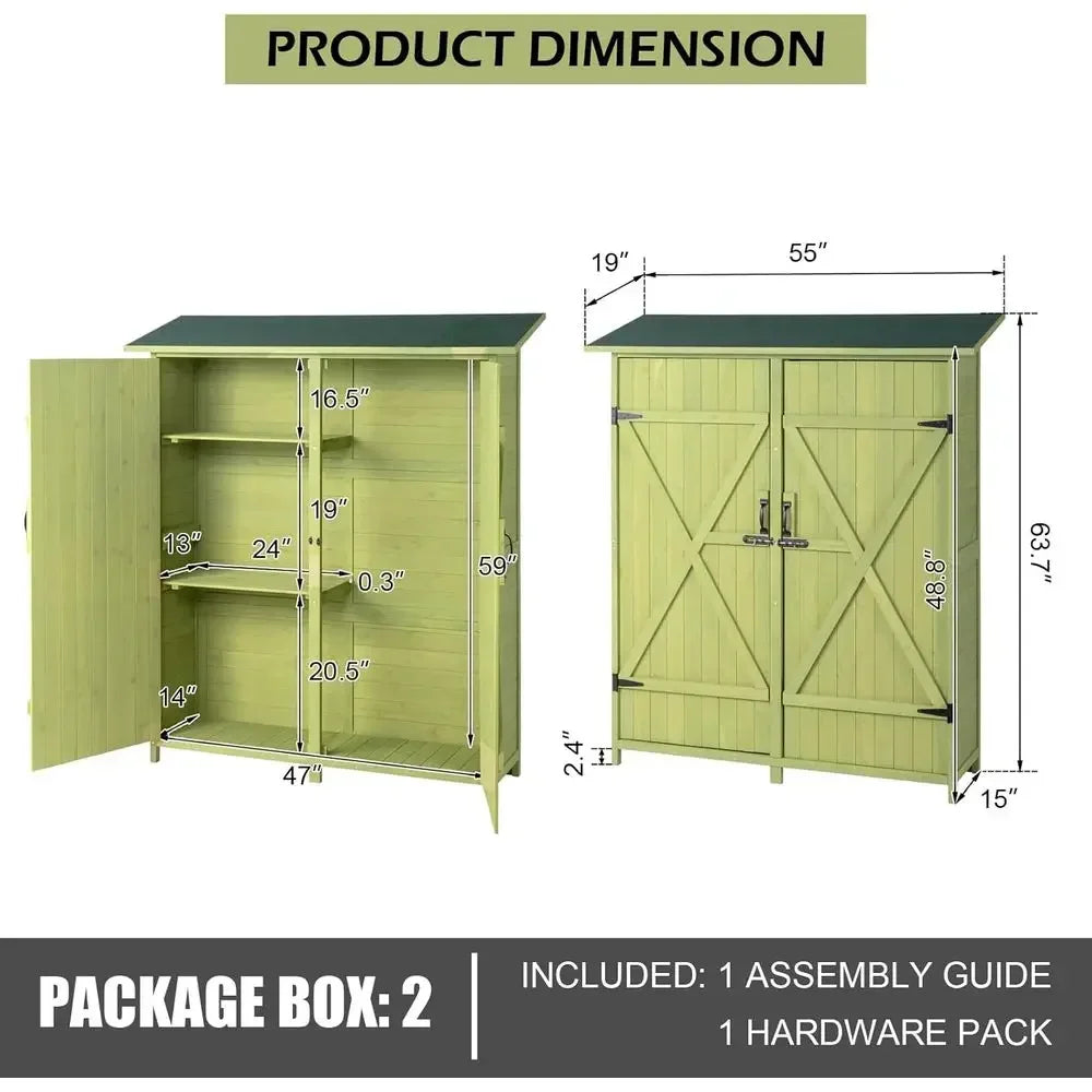Extra Large Outdoor Wooden Storage Shed with 2 Shelves, Light Green Garden Tool Cabinet for Lawn Equipment