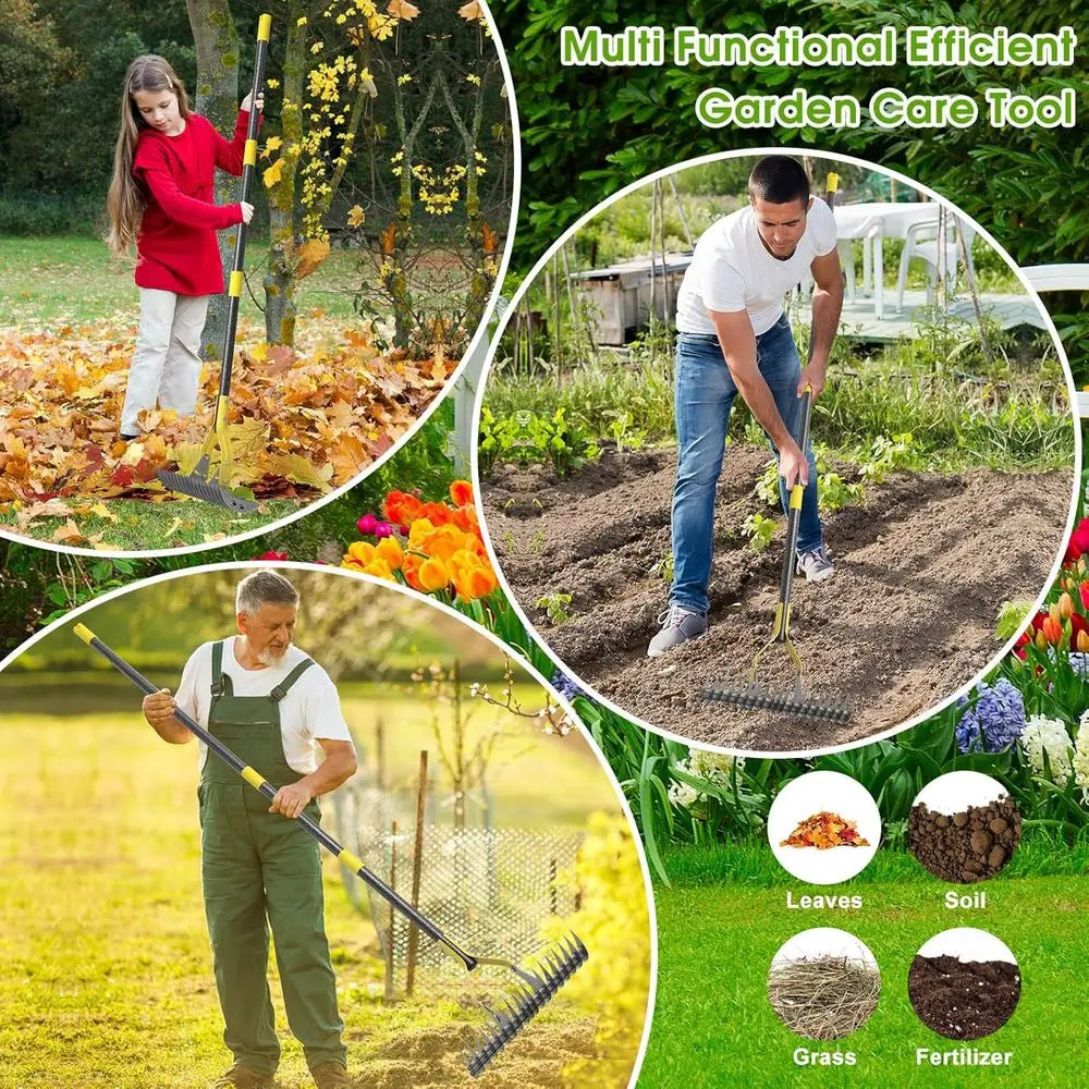 Heavy-Duty 5.5T Metal Leaf Rake with Adjustable Long Handle, 19-Tine, 15 Wide for Lawn and Garden Maintenance