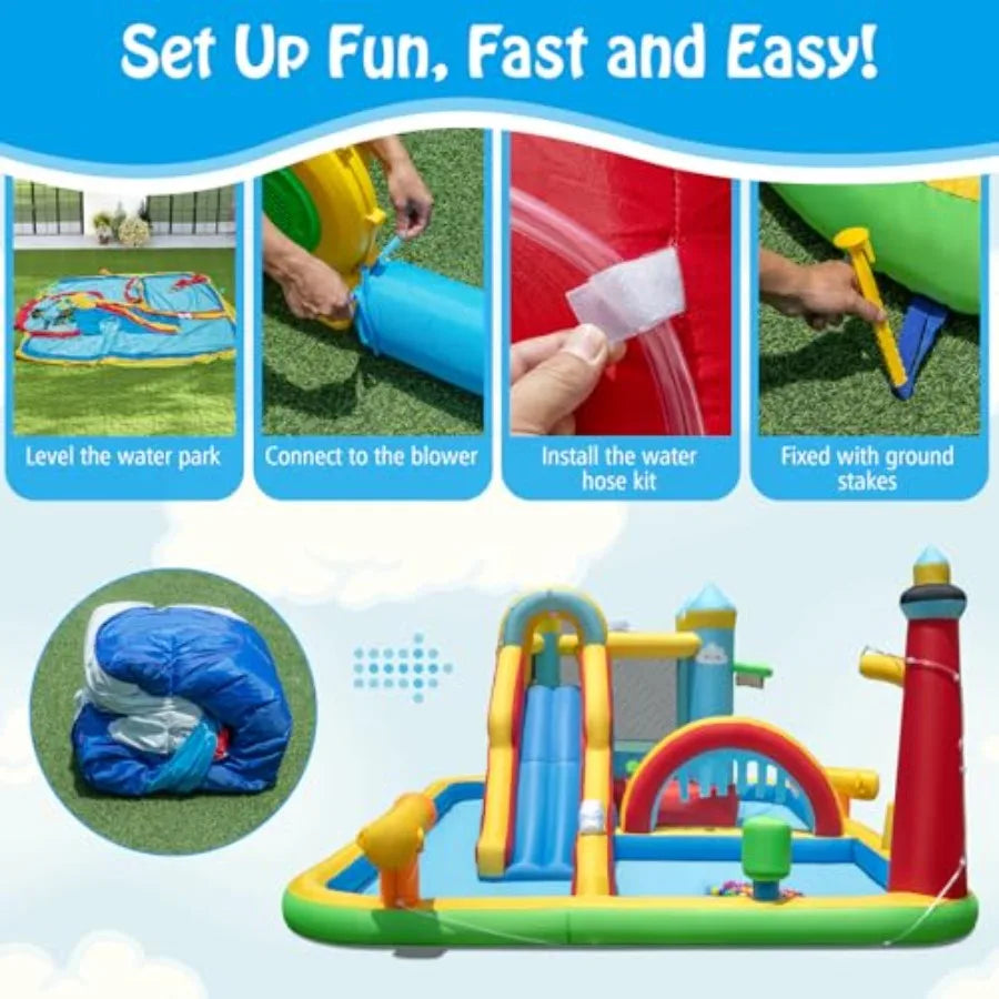 YAO HUI HUANG Outdoor inflatable water slide combo for kids: PVC material blue and yellow mega splash pool + long wet slide + bouncy castle d