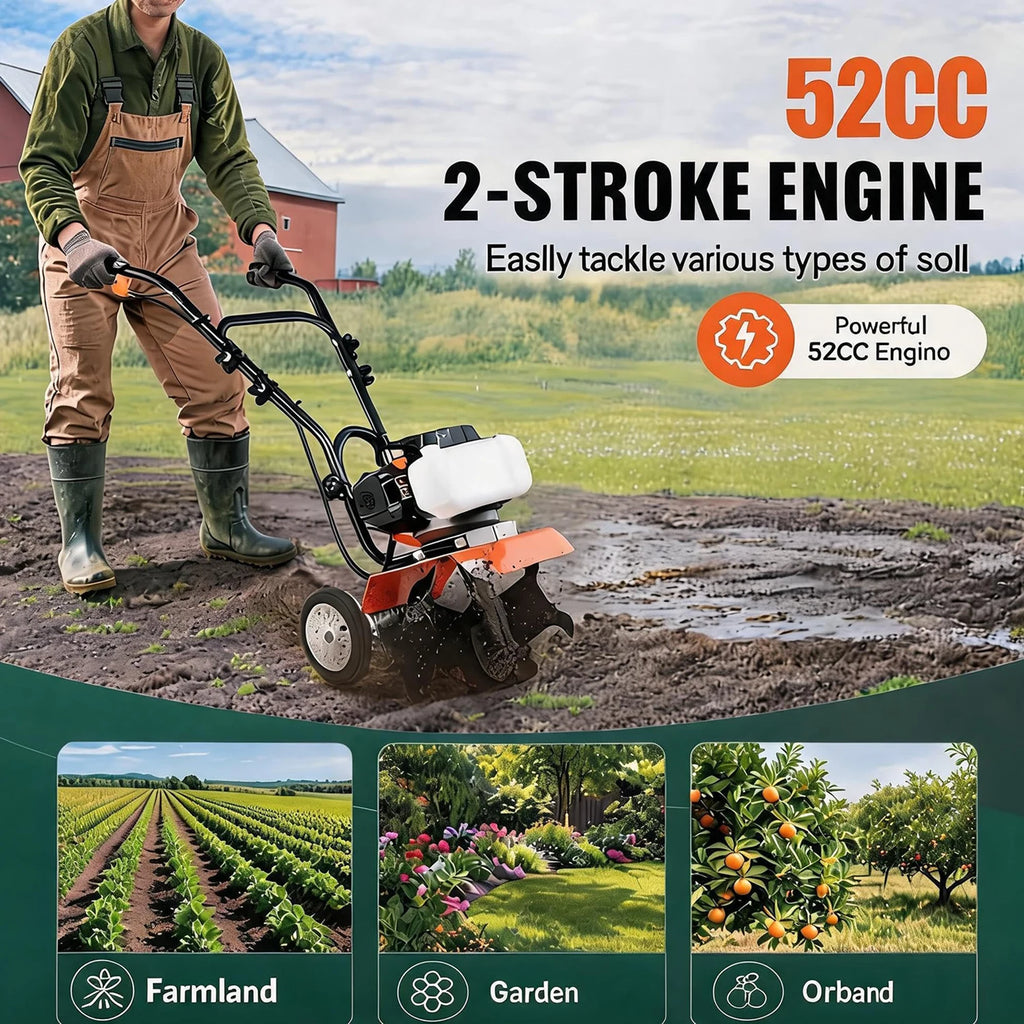 HiMiss 52CC Gas Garden Tiller Cultivator, 4 Tine Soil Rototiller With Adjustable Depth, 11.8in Width, Wheels For Lawn Field Flower Bed