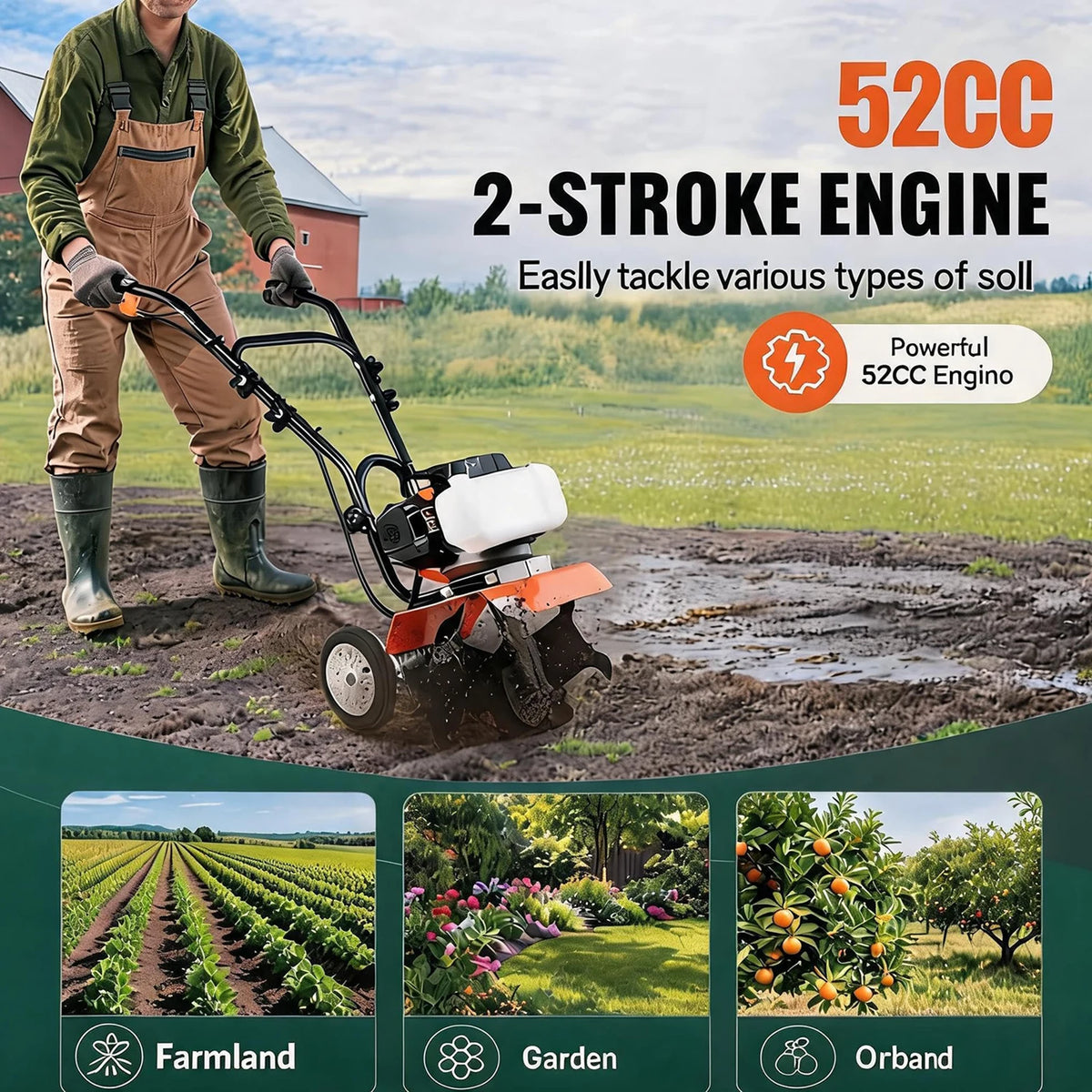 HiMiss 52CC Gas Garden Tiller Cultivator, 4 Tine Soil Rototiller With Adjustable Depth, 11.8in Width, Wheels For Lawn Field Flower Bed